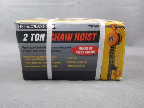 front of Central Machinery Chain Hoist in box